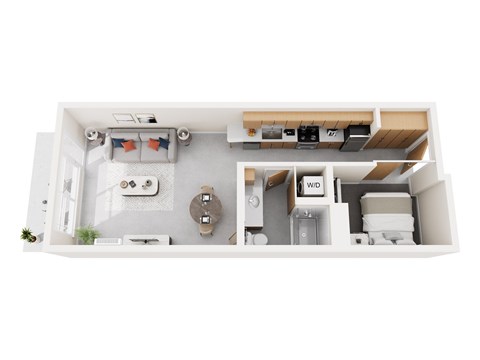 A top-down view of a small apartment layout with a kitchen, living room, and bathroom.